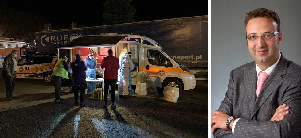 A sinistra Test rapidi nell'autoporto Sadobre a Vipiteno. A destra Andrea Gottardi presidente della Sezione Trasporti e Logistica di COnfindustria A sinistra Test rapidi nell'autoporto Sadobre a Vipiteno